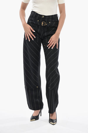Pantaloni in Lana Straight Leg a Vita Alta con Fibbia Dorata