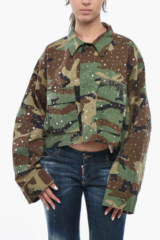 Denim Crop Jacket with Camouflage Print and Crystals