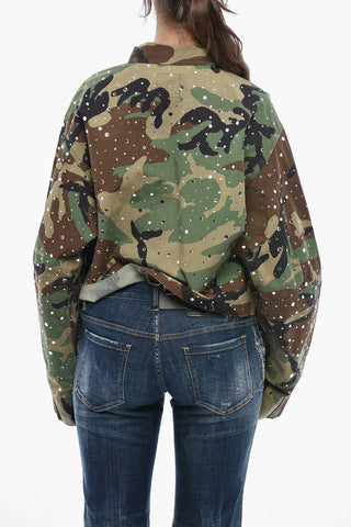 Denim Crop Jacket with Camouflage Print and Crystals