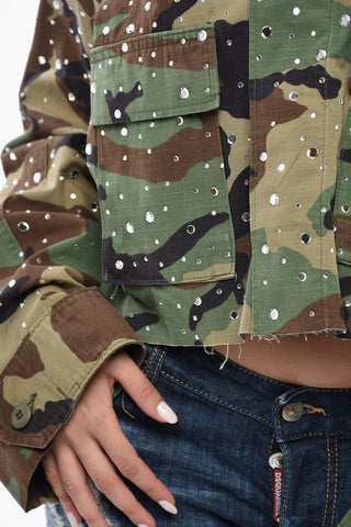 Denim Crop Jacket with Camouflage Print and Crystals