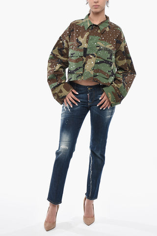 Denim Crop Jacket with Camouflage Print and Crystals