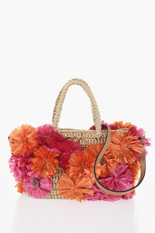 Raffia Handbag With Raised Flower Details And Removable Strap