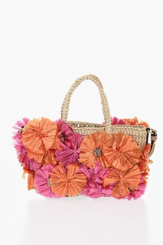 Raffia Handbag With Raised Flower Details And Removable Strap