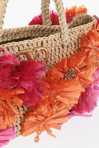 Raffia Handbag With Raised Flower Details And Removable Strap