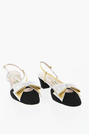 Fabric Slingbacks with Lamé Leather Bow 5cm