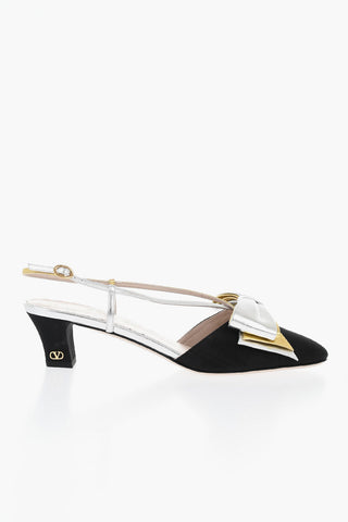 Slingbacks aus Stoff mit Schleife aus Lamé-Leder 5cm