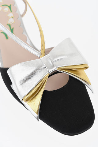 Slingbacks aus Stoff mit Schleife aus Lamé-Leder 5cm