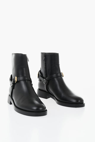 Leather Biker Ankle Boots With Logo Strap