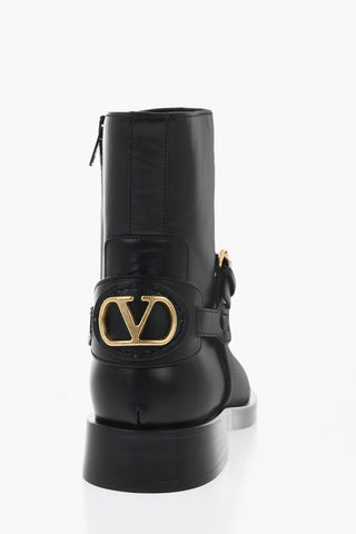 Leather Biker Ankle Boots With Logo Strap