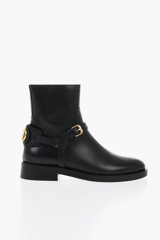 Leather Biker Ankle Boots With Logo Strap