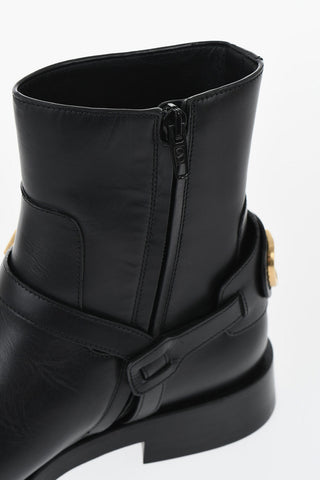 Leather Biker Ankle Boots With Logo Strap