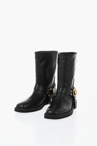 Leather Biker Ankle Boots With Logo Strap