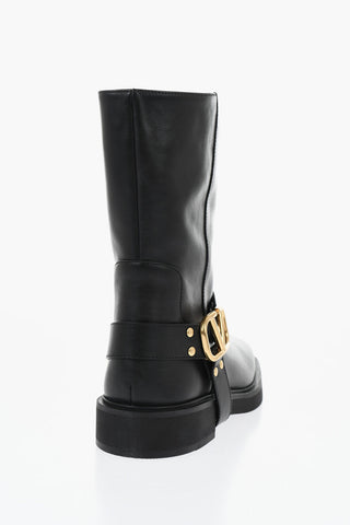 Leather Biker Ankle Boots With Logo Strap