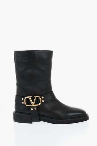 Leather Biker Ankle Boots With Logo Strap