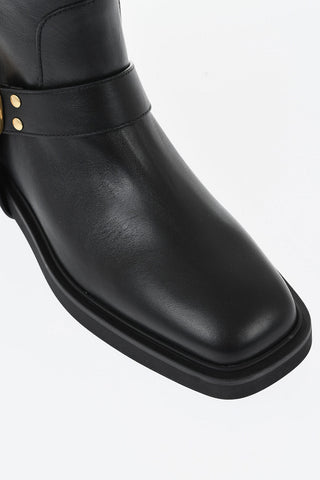 Leather Biker Ankle Boots With Logo Strap