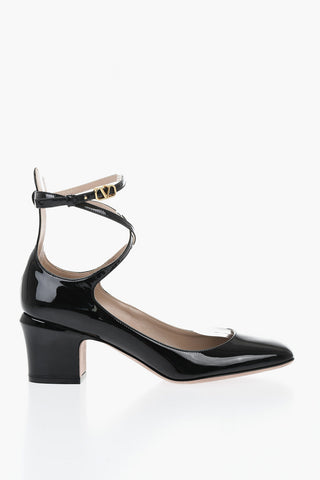 Patent Leather Ankle-Strap Pumps with Logo Strap 7cm