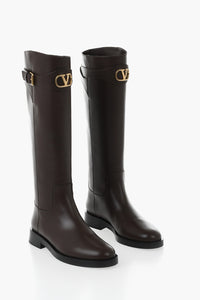 Leather Knee-High Boots With Logo Strap