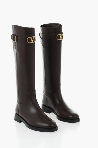 Leather Knee-High Boots With Logo Strap