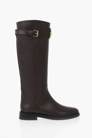 Leather Knee-High Boots With Logo Strap
