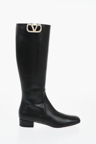 Leather Knee-High Boots With Monogram Detail 3cm Heel
