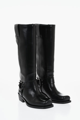 Brushed Leather Knee-High Biker Boots 4cm Heel