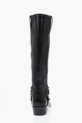 Brushed Leather Knee-High Biker Boots 4cm Heel