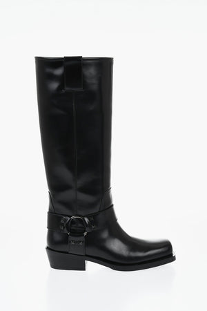 Brushed Leather Knee-High Biker Boots 4cm Heel