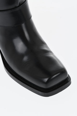 Brushed Leather Knee-High Biker Boots 4cm Heel