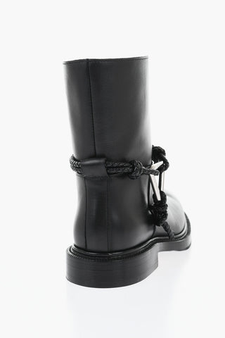 Leather Biker Ankle Boots With Braided Strap