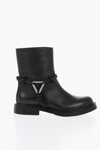 Leather Biker Ankle Boots With Braided Strap