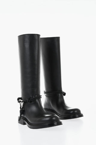 Biker Leather Knee-High Boots with Braided Strap