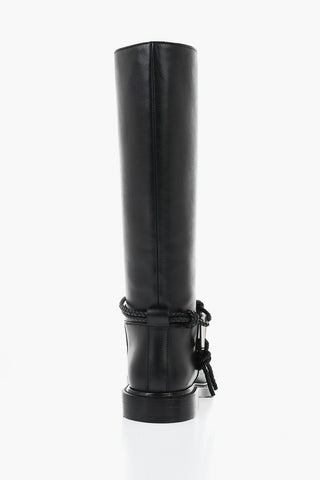 Biker Leather Knee-High Boots with Braided Strap