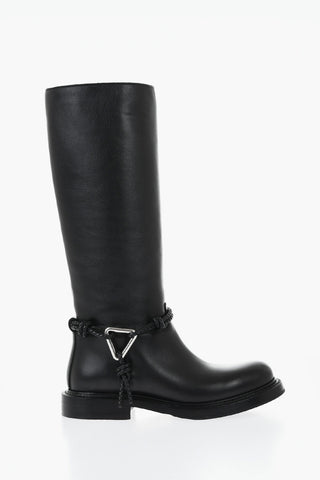Biker Leather Knee-High Boots with Braided Strap