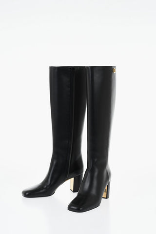 Leather Knee-High Boots With Square Toe 7cm Heel