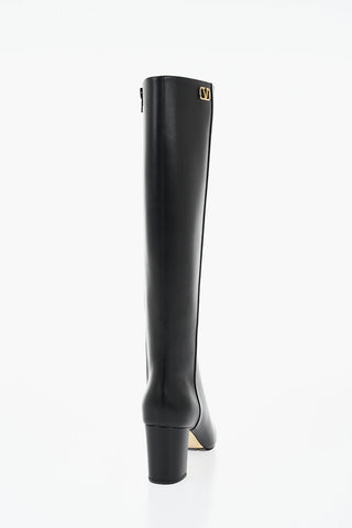 Leather Knee-High Boots With Square Toe 7cm Heel