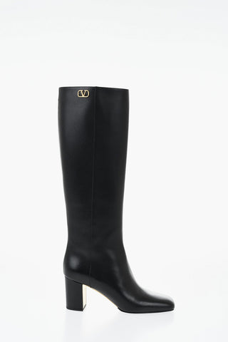 Leather Knee-High Boots With Square Toe 7cm Heel