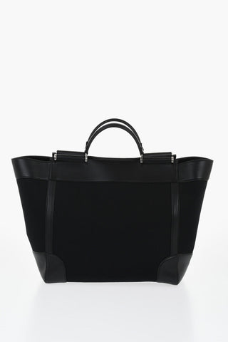 Maxi Borsa Tote in Cotone e Pelle con Doppio Manico
