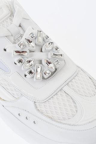 Sneakers Basse in Pelle e Mesh con Abbellimento Gioielli