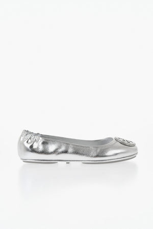 Metallic-Effect Leather Ballet Flats with Crystal-Embellished Detail