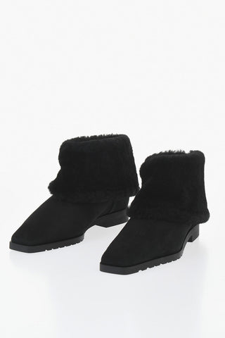 Suede Ankle Boots with Shearling Trim and Square Toe
