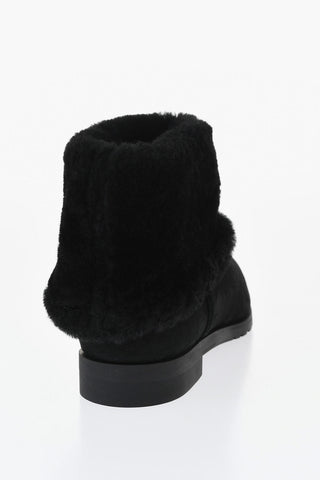 Suede Ankle Boots with Shearling Trim and Square Toe