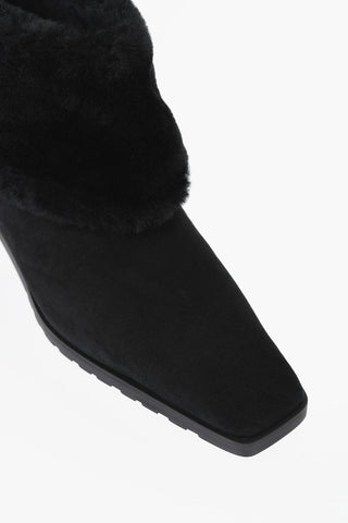 Suede Ankle Boots with Shearling Trim and Square Toe