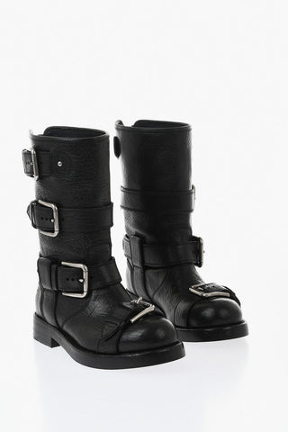 가죽 바이커 앵클부츠, 실버 버클 및 Vibram 솔