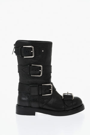 Stivaletti Biker in Pelle con Fibbie Argentate e Suola Vibram
