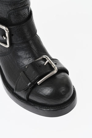 Stivaletti Biker in Pelle con Fibbie Argentate e Suola Vibram
