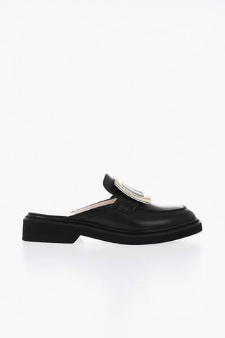 Leather Mules with Maxi Gold-Effect Front Plate