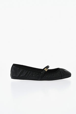 Solid-Color Leather Ballet Flat with Strap and Gold Monogram Buckle