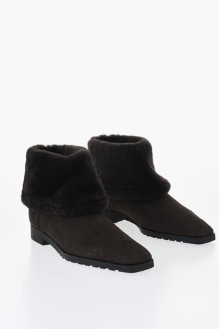 Suede Ankle Boots With Shearling Trim And Square Toe