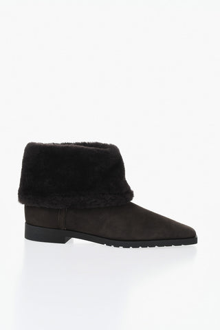 Suede Ankle Boots With Shearling Trim And Square Toe