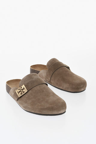 Suede Mules with Gold Buckle